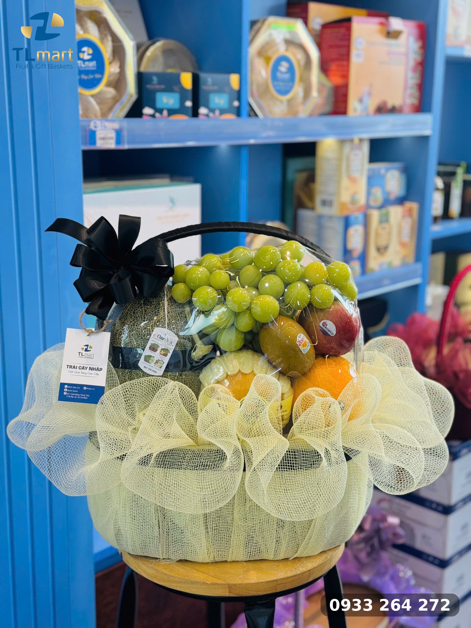 Giỏ Trái Cây Tân Gia Tại Vũng Tàu Giao Tận Nơi | TL Mart giỏ trái cây tân gia tại Vũng Tàu voan vàng sang trọng